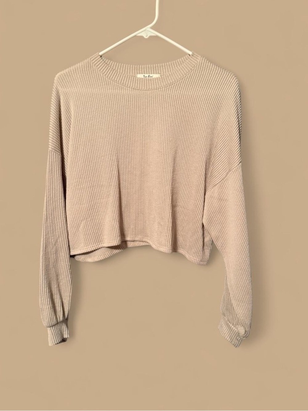 Cropped Ribbed Sweatshirt in Beige by Unknown Brand